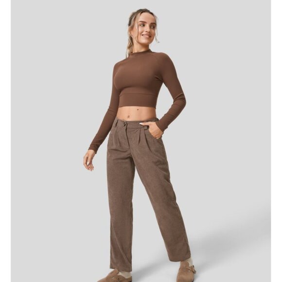 Halara Mid Rise Corduroy Casual Pants Sz Medium Beige Pleated Button Zipper Side - Picture 11 of 11